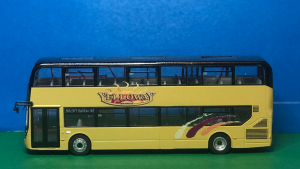 Passenger side photo Yelloway Coaches Ltd Alexander Dennis 87 Seat Decker M90 YEL (was YX66 WLJ) Diecast Model in Yelloway cream with Yelloway Logo, livery flashes in gold, burgundy and orange. Route destination displays M2/M7 Halifax Gr produced by Paul Savage