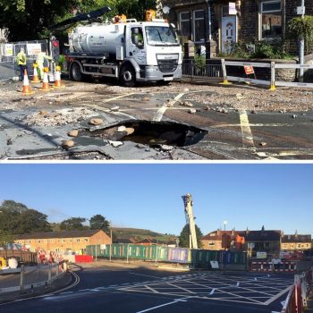 Mytholmroyd - Two photos first shows hole in middle of main road caused by a burst water main. The second photo shows repairs after only 50 hours with the road re-opened.